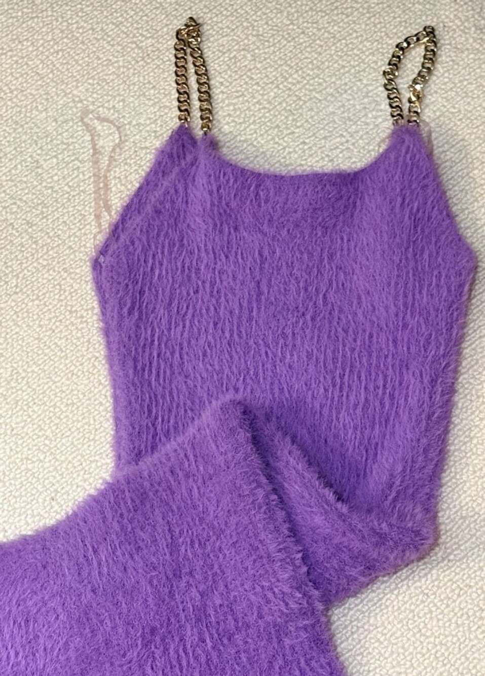 Almost Famous Purple Fuzzy Knit Dress with Gold Chain Straps